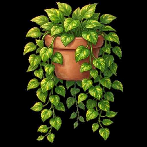 Portrait d'un pothos aux feuilles en cœur vert éclaboussé d'or, retombant en cascade de son pot en terre cuite